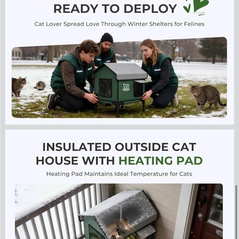 Apisiri Weatherproof Insulated Green Outdoor Cat House with Anti-Peep Curtains